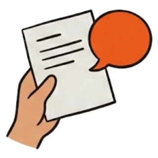 A hand holding up a paper, with a speech bubble
