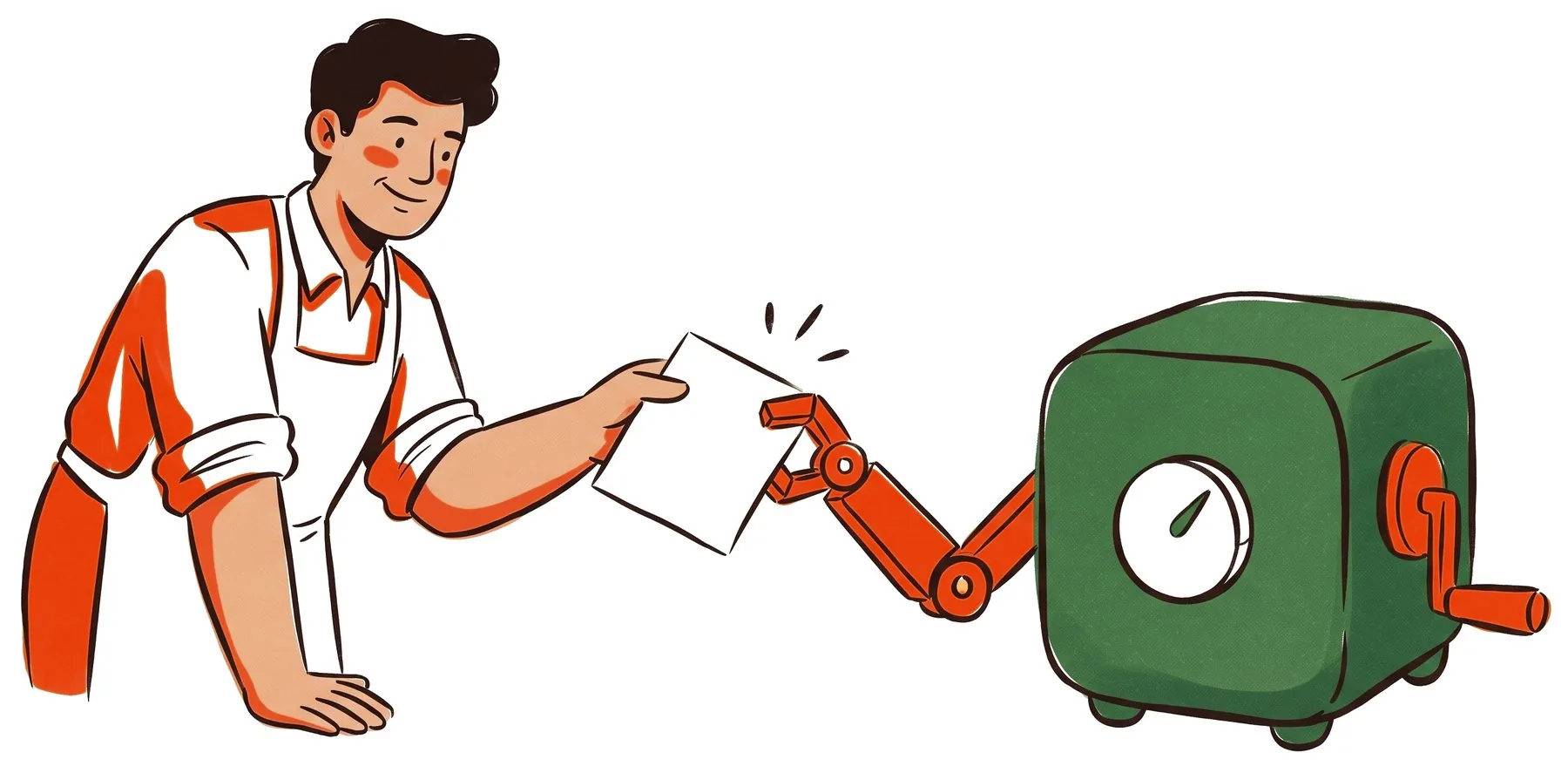 A smiling shop owner hands a sheet of paper to a friendly green machine, which reaches out with an orange arm to take it