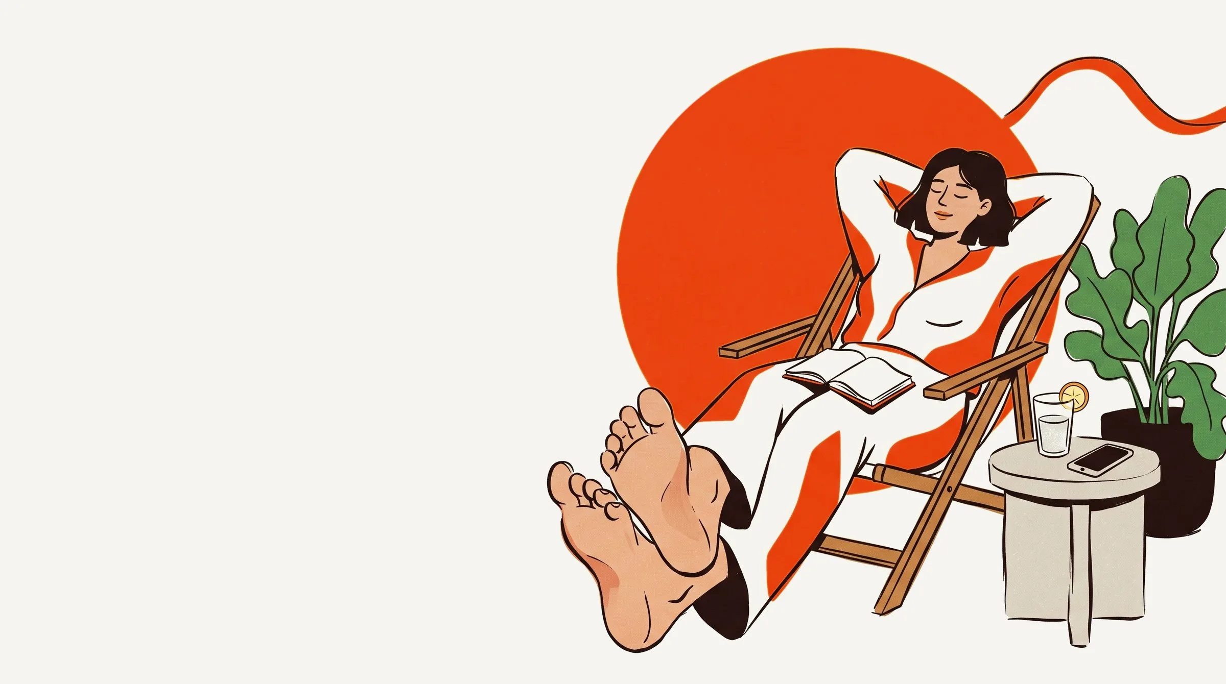 Illustration of a woman relaxing in a deck chair in the sun, reading, her phone face-down on a side table
