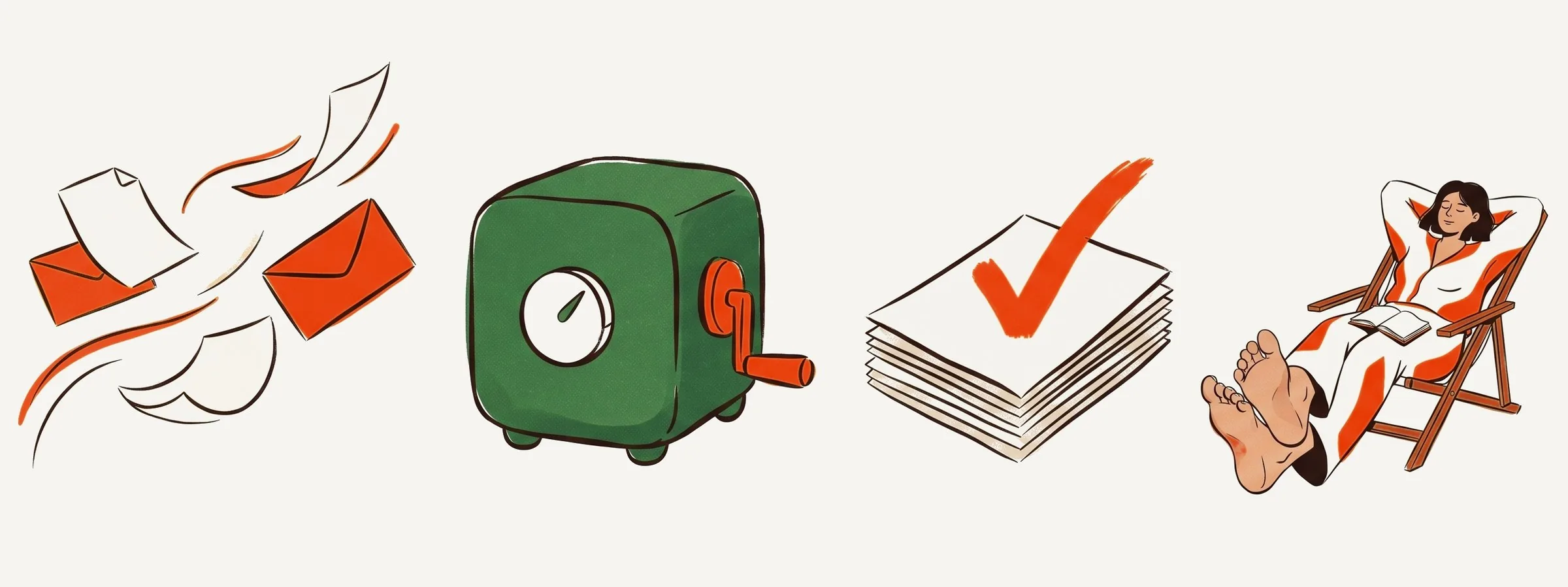 A letter flies into a friendly green machine. The machine handles it, a stack of finished papers gets a big orange check mark, and the owner relaxes in a deck chair.