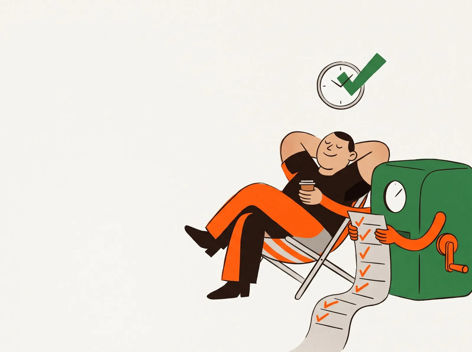 An owner relaxing while the green machine hands over a finished list